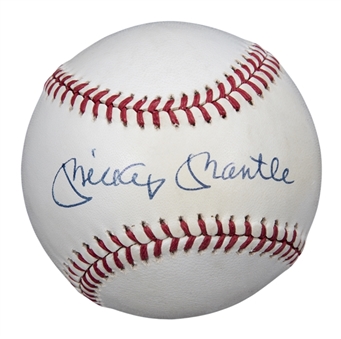 Mickey Mantle Single Signed OAL Brown Baseball (PSA/DNA)